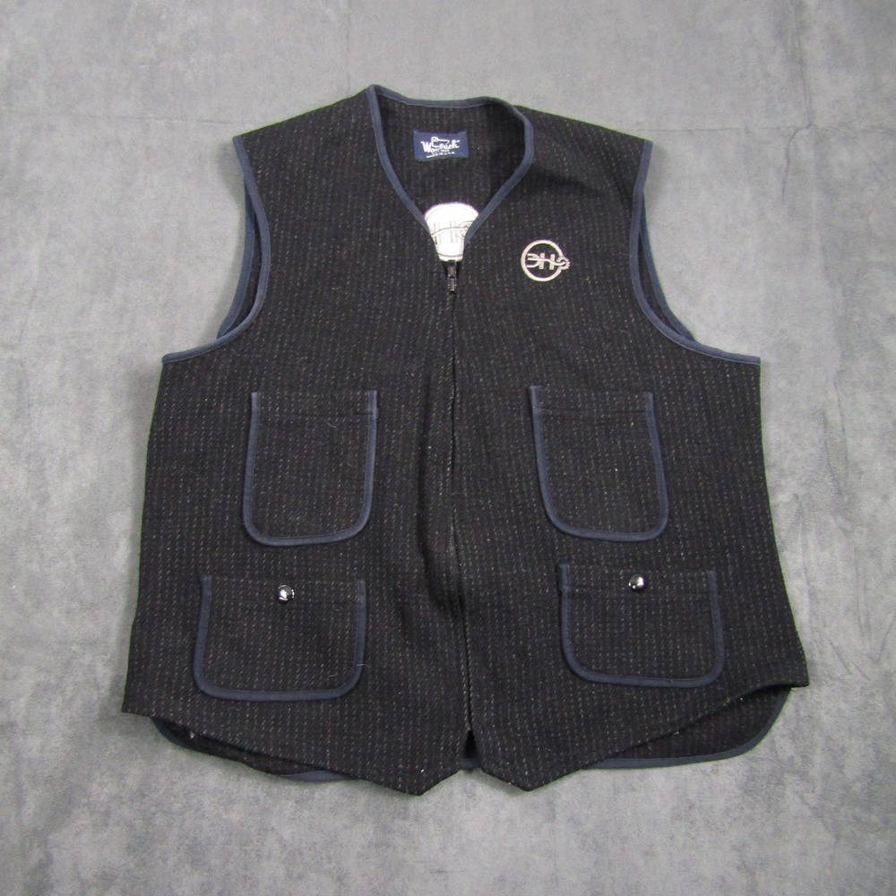 Woolrich Vest Mens L Black Wool Blend Zip Front Cinch Back Embroidered Logo USA